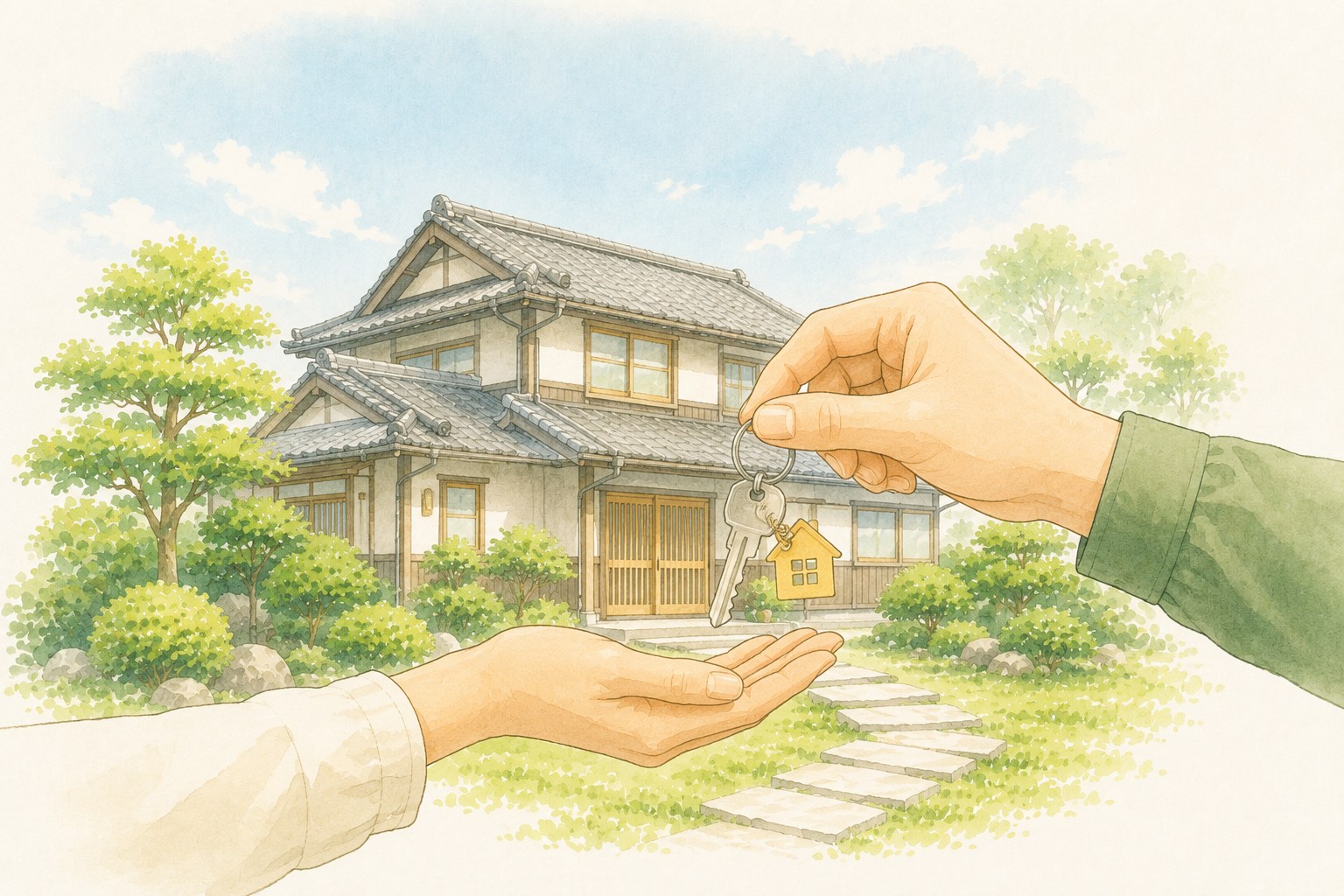 家の前で鍵を手渡すイラスト